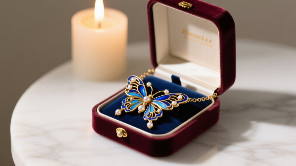 Open velvet box revealing a Victorian vintage butterfly necklace with seed pearls and blue enamel, lit by soft warm candlelight