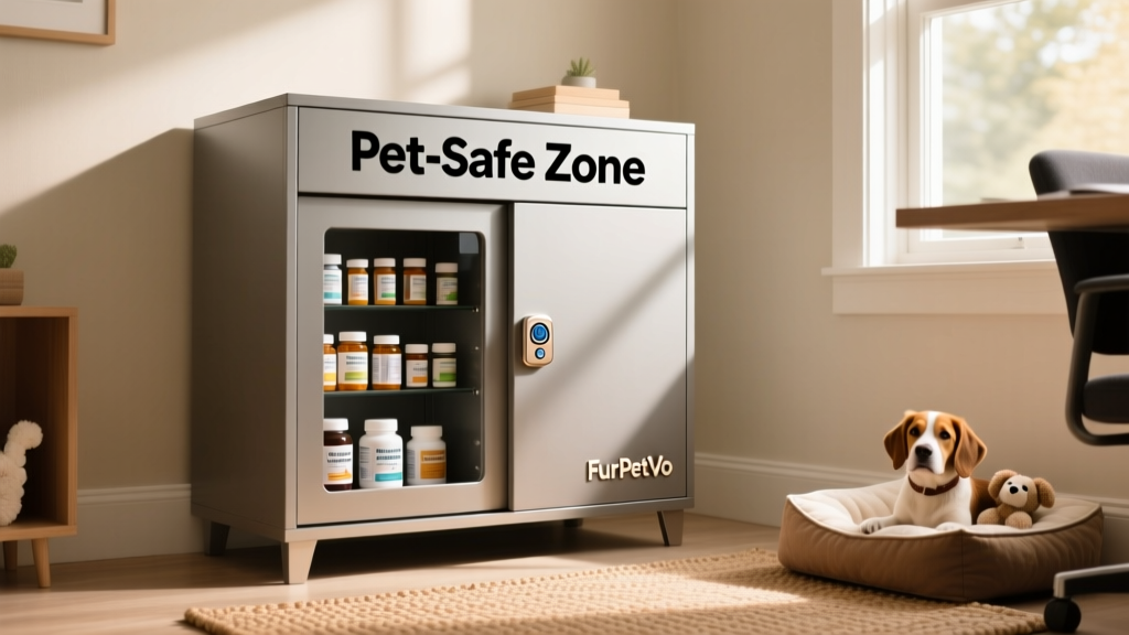 Secure medicine cabinet with childproof latch, clearly labeled 'Pet-Safe Zone' and featuring FurPetVo branding