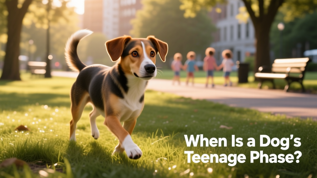 A curious, energetic young dog exploring a grassy park with ears perked and tail up