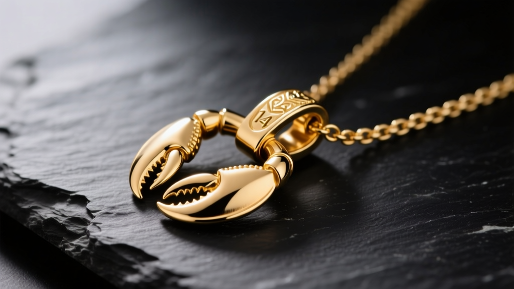 Macro shot of a 14k gold lobster clasp necklace hook resting on dark slate, soft lighting highlighting polished metal texture.