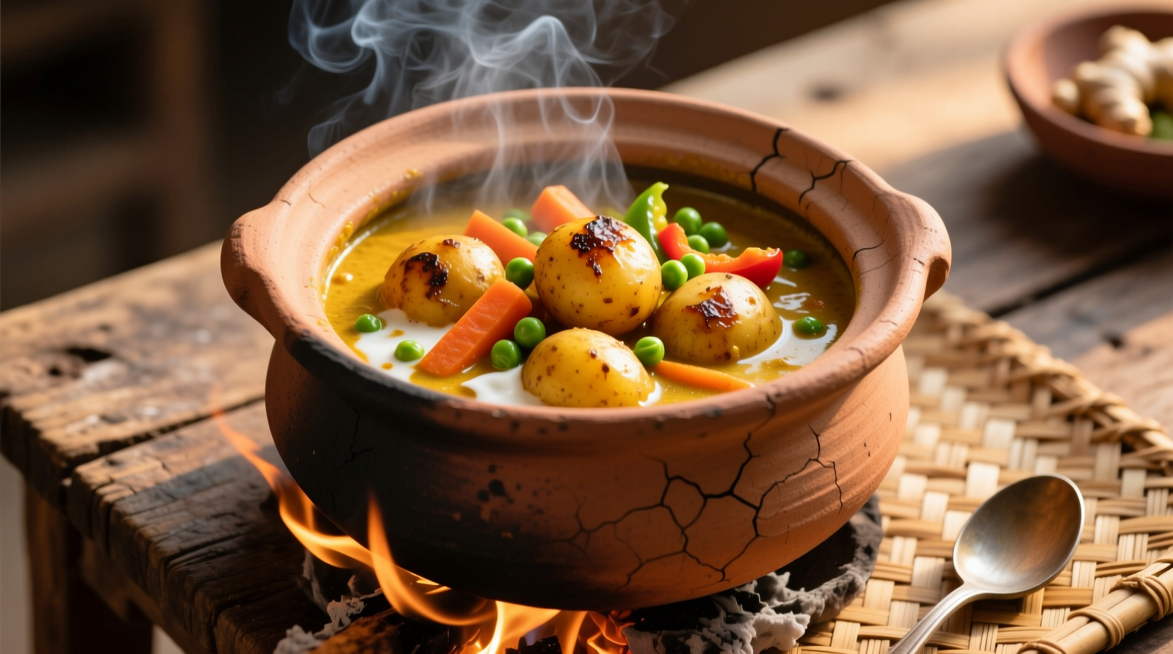 Perfectly cooked vegetable potato curry in traditional clay pot