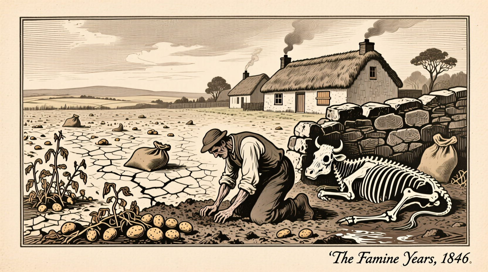 Historical illustration of Irish potato fields during famine
