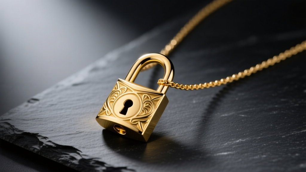 18k yellow gold padlock necklace on dark slate, illuminated by soft directional lighting highlighting the engraved surface details