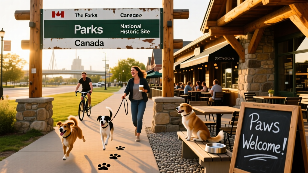 Parks Canada sign at the entrance to The Forks National Historic Site in Winnipeg