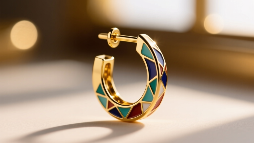 Close-up of a 20-gauge gold post and leverback clasp on an enamel violin huggie earring, against a softly blurred background