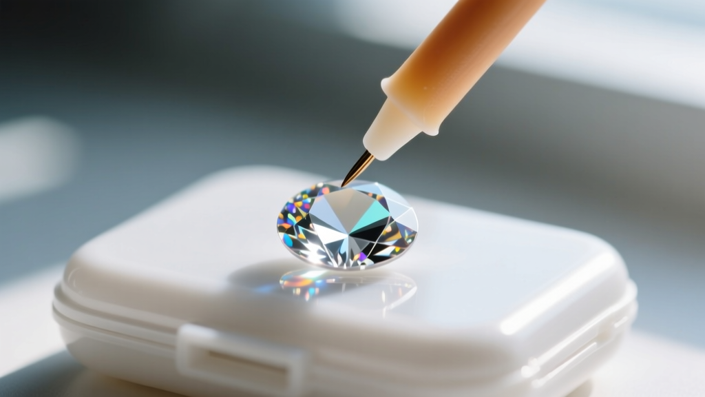 Macro shot of a wax stylus picking up a sparkling SS16 crystal flatback over a blurred white plastic tech case.