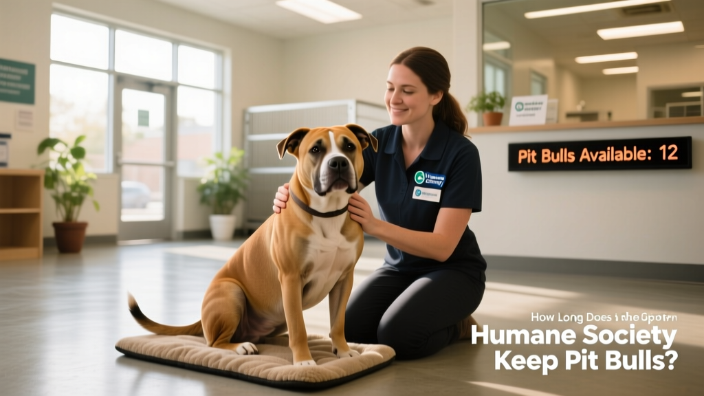 A calm, well-socialized Pit Bull sitting beside a volunteer at a clean, sunlit shelter facility