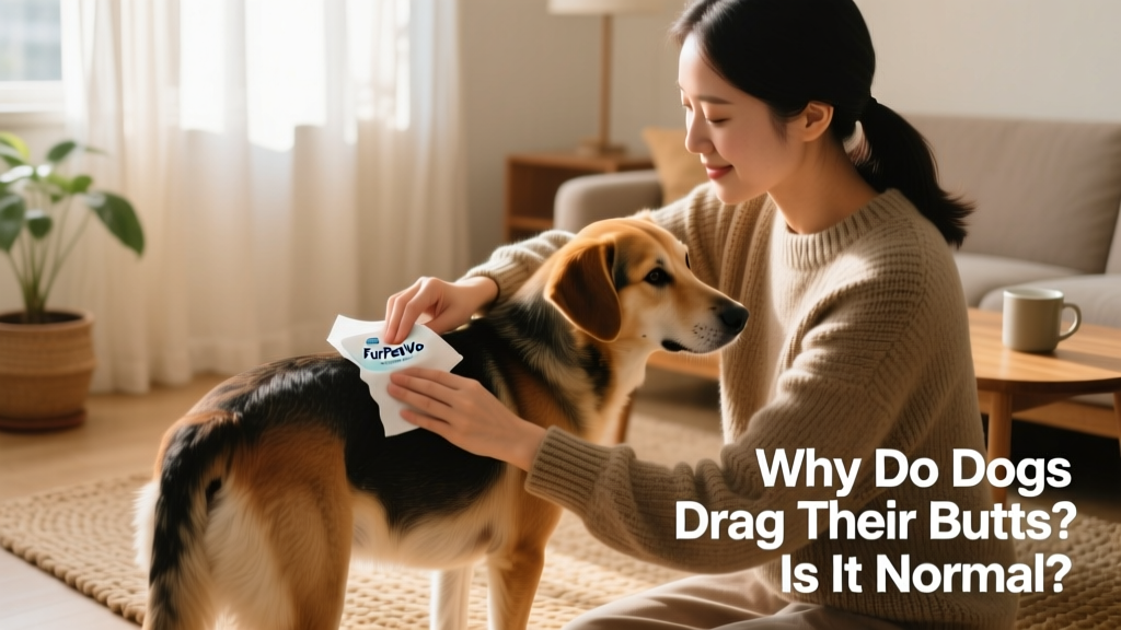Dog owner using FurPetVo grooming wipes to gently clean their dog's rear during a home care session