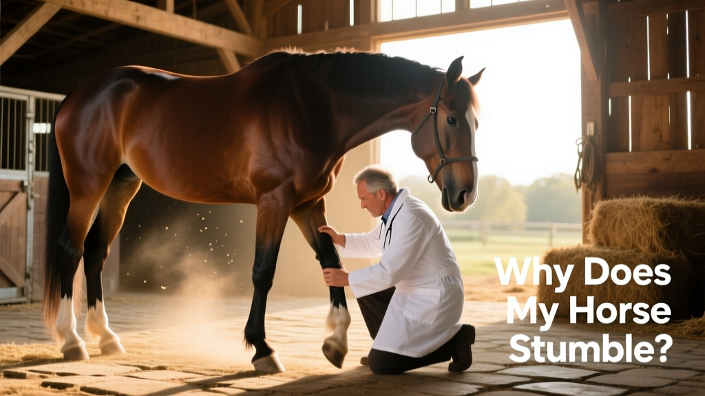 Veterinarian performing a lameness exam on a standing horse, checking range of motion and response to flexion