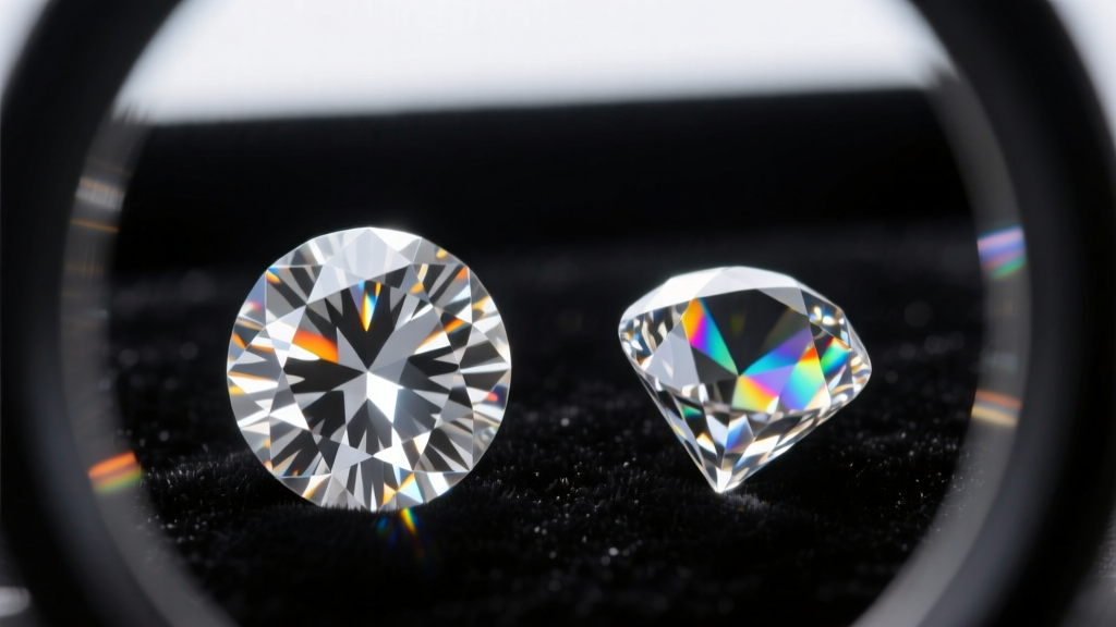 Macro shot of a VVS diamond and moissanite stone under a loupe, showing distinct light refraction patterns on the cut facets.