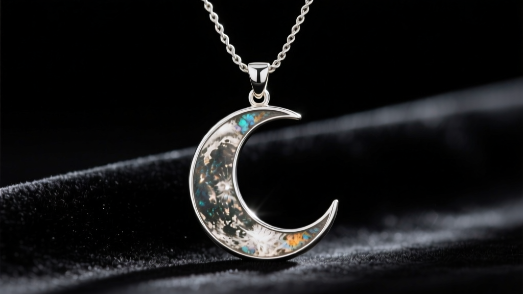 Close-up of an oxidized sterling silver moon pendant on a 20-gauge cable chain resting on dark velvet under moody studio lighting.