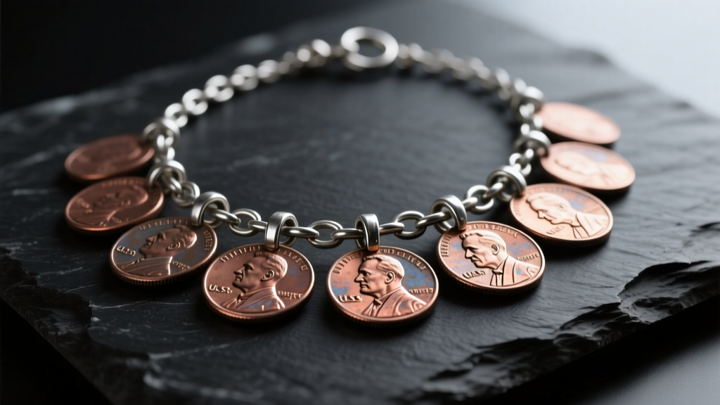 Vintage necklace made from drilled US Roosevelt dimes connected by oxidized sterling silver jump rings, photographed on dark slate