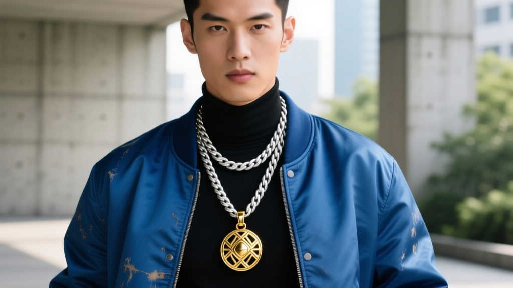 Fan wearing a layered 22-inch silver rope chain and a 24-inch gold vermeil sports pendant over a vintage blue baseball jacket.