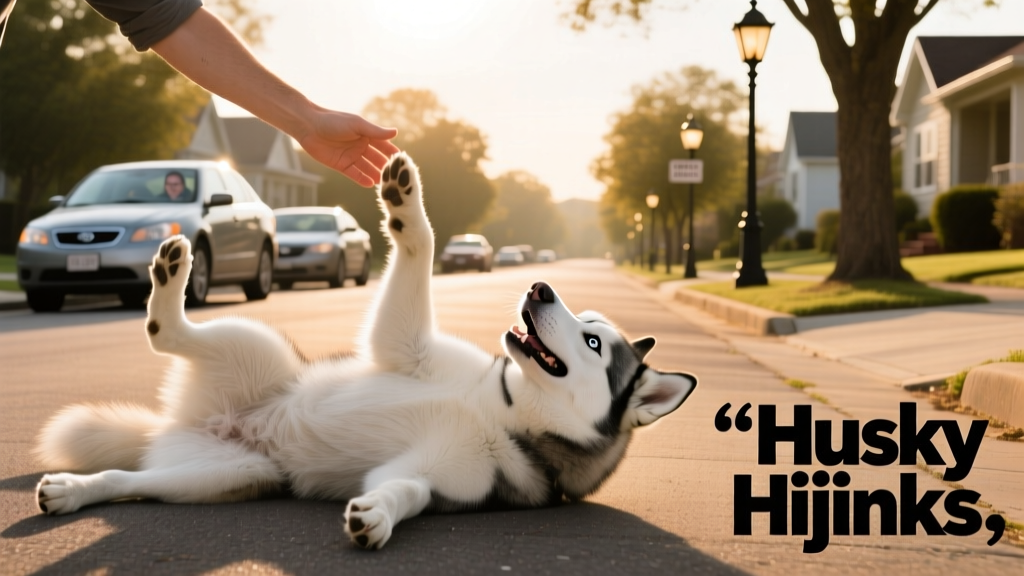 A Siberian Husky lying on its back in the middle of a quiet street, playfully batting at their owner’s hand while cars wait nearby