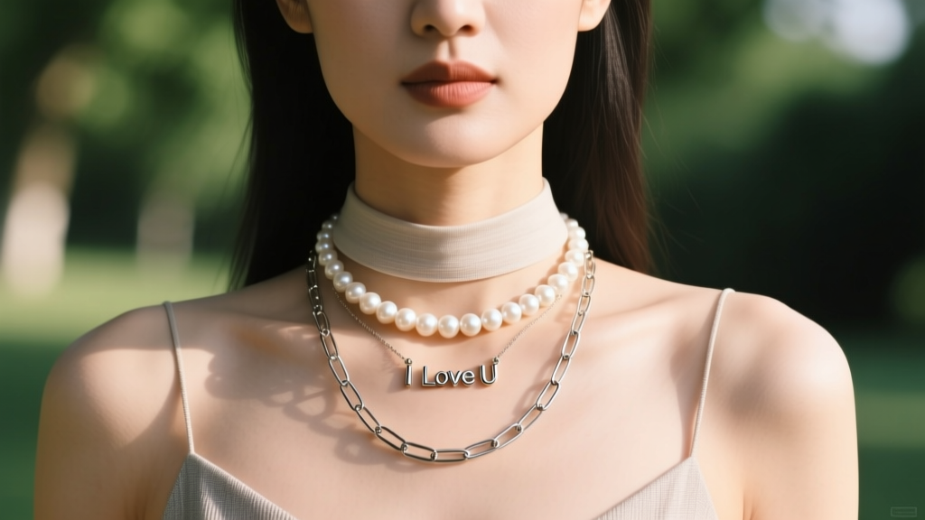 Woman wearing a layered stack with an 18-inch I Love U pendant, a 16-inch pearl choker, and a 22-inch paperclip chain in daylight