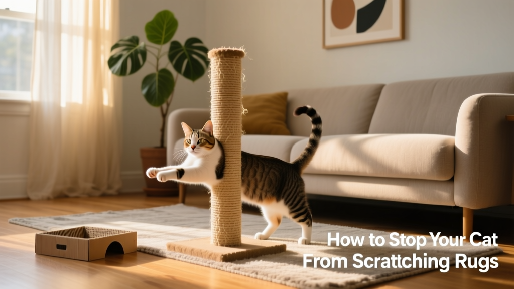A cat happily using a vertical sisal post placed beside a living room sofa, with a small cardboard scratcher nearby