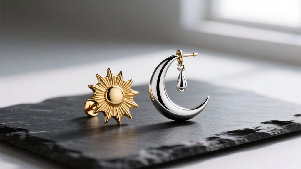 Flat lay of mismatched sun and moon earrings, one textured gold sunburst stud and one silver crescent moon drop, on dark slate