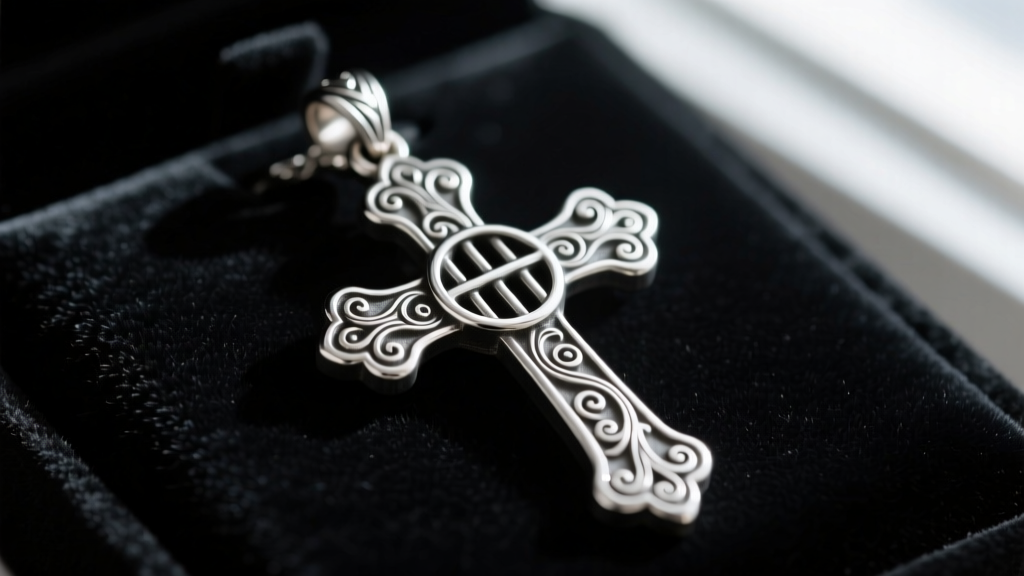 Close-up of a heavy, hand-fabricated 925 sterling silver jailhouse cross pendant with intricate scrollwork, resting on dark velvet