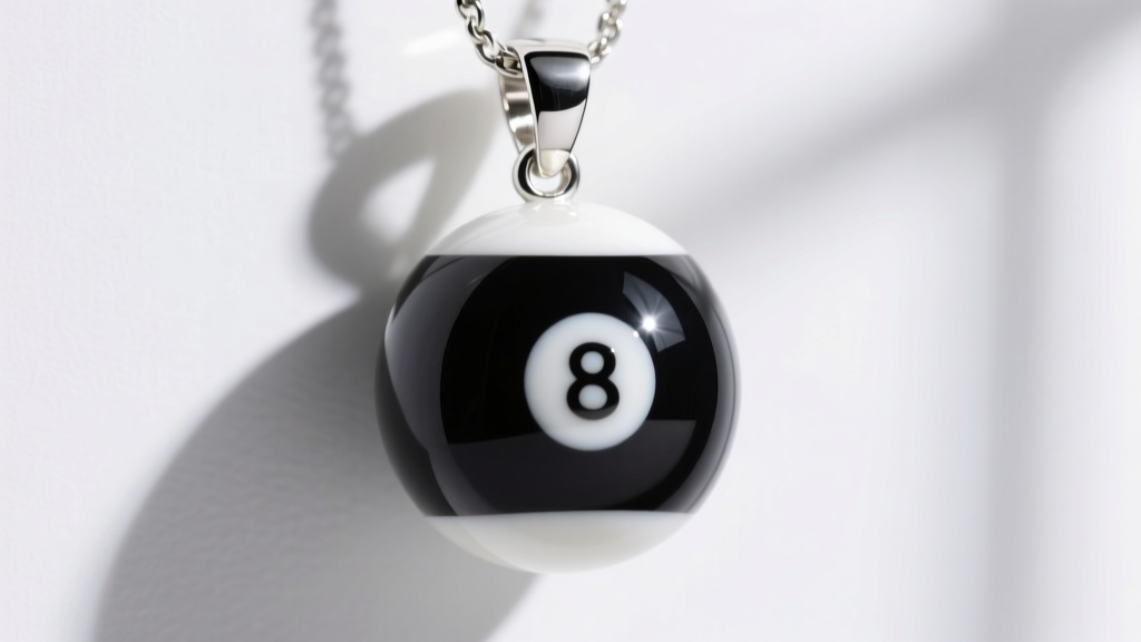 Macro photography showing crisp boundary between white vitreous enamel and black epoxy on a sterling silver eight ball pendant.