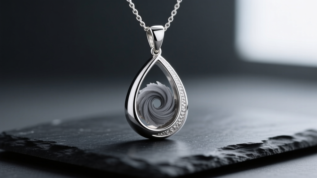 Sterling silver teardrop pendant with a subtle swirl of grey dog ashes, resting on dark slate under soft, moody lighting