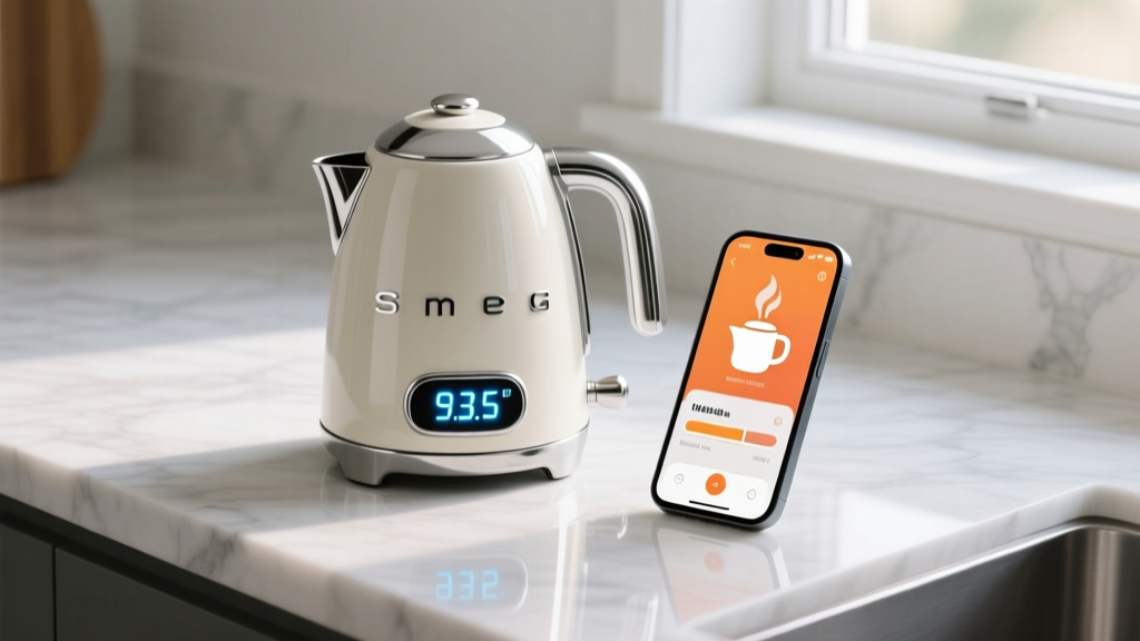 Retro Smeg smart kettle display showing 93.5 degrees beside a glowing smartphone brewing app interface on a white marble countertop