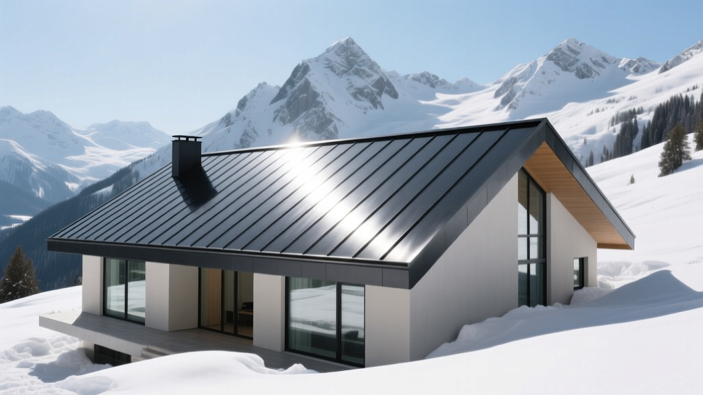 Modern home featuring charcoal standing seam metal roof material reflecting sunlight against a snowy mountain backdrop