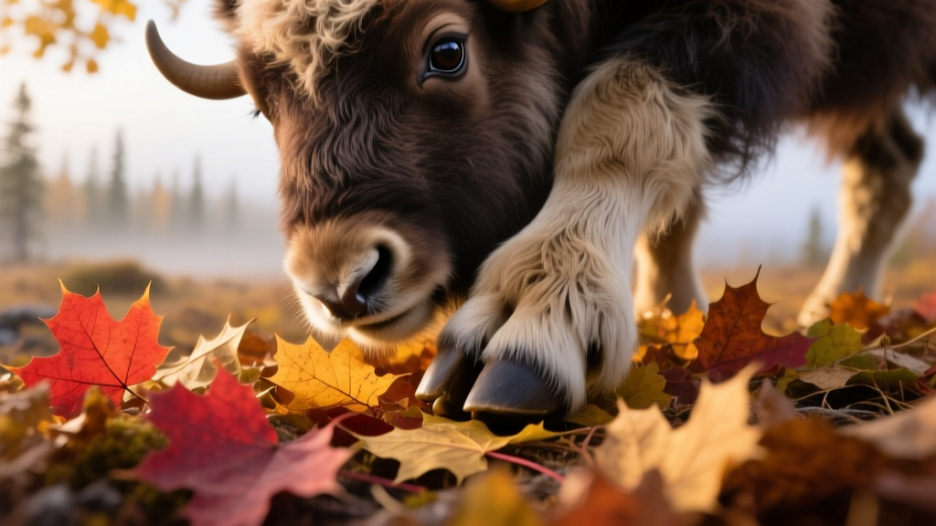 Close-up of a muskox calf’s hoof pressing into a pile of maple and oak leaves, showing texture and scale