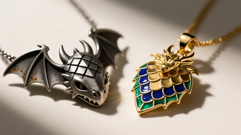 Macro shot of a dull zinc alloy Night Fury scale necklace beside a bright, polished enameled brass dragon scale jewelry pendant