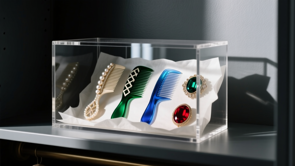 Clear acrylic box lined with acid-free tissue, holding vintage celluloid hair combs and plastic cameo brooches in a dark closet.