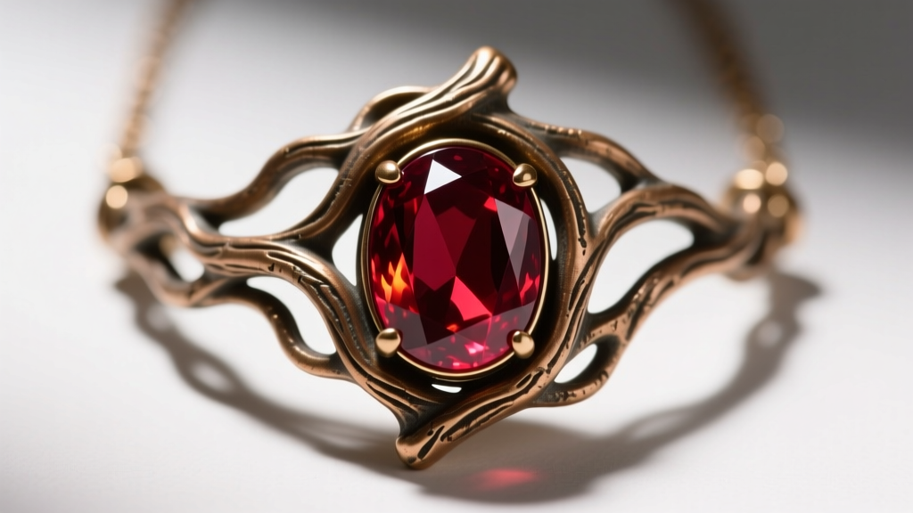 Macro shot of a Secret of NIMH necklace replica with a red oval cabochon ruby set in an organic, root-like bronze metal casing