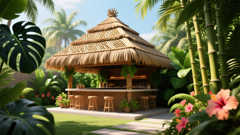 Backyard tiki bar with layered synthetic palm thatch roof in bright sunlight, surrounded by tropical plants and bamboo