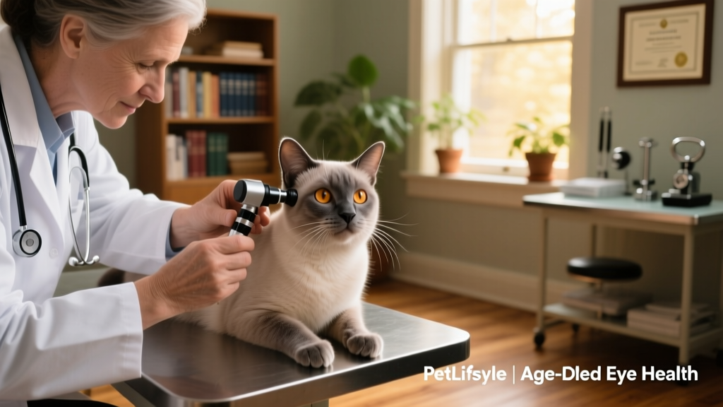 Veterinarian gently performing tonometry on a calm senior cat during an eye exam