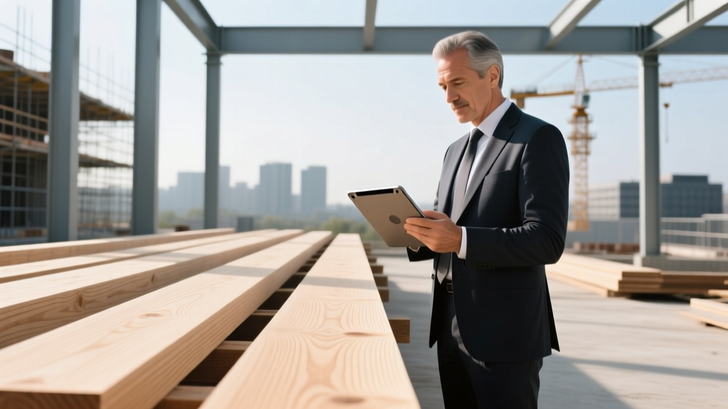 Architect reviewing EPD data on a tablet while inspecting cross-laminated timber panels at a modern commercial build site