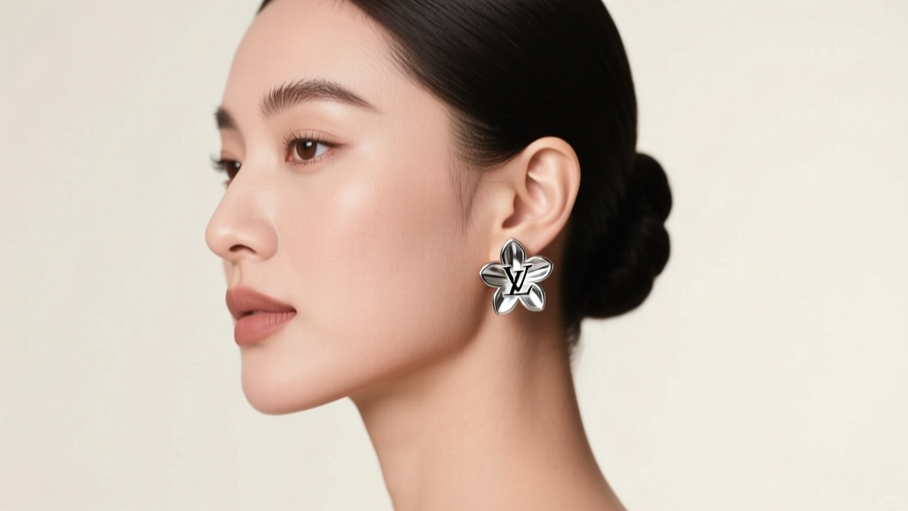 Woman wearing silver-tone Louis Vuitton Monogram flower stud earrings, soft studio lighting highlighting the metallic texture.