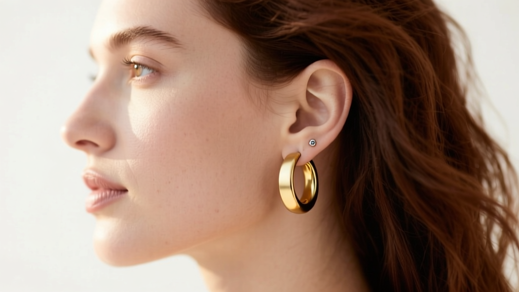 Side profile of a woman wearing 20mm two tone gold huggie hoops, showing the fit for standard earlobe piercings, neutral background