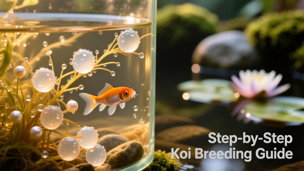 Close-up of koi eggs attached to aquatic plants in a shallow breeding tank