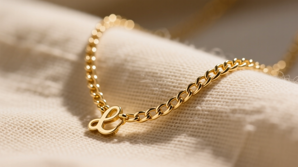 Close-up of a delicate gold chain necklace with an initial pendant on textured beige linen, highlighting intricate chain links.