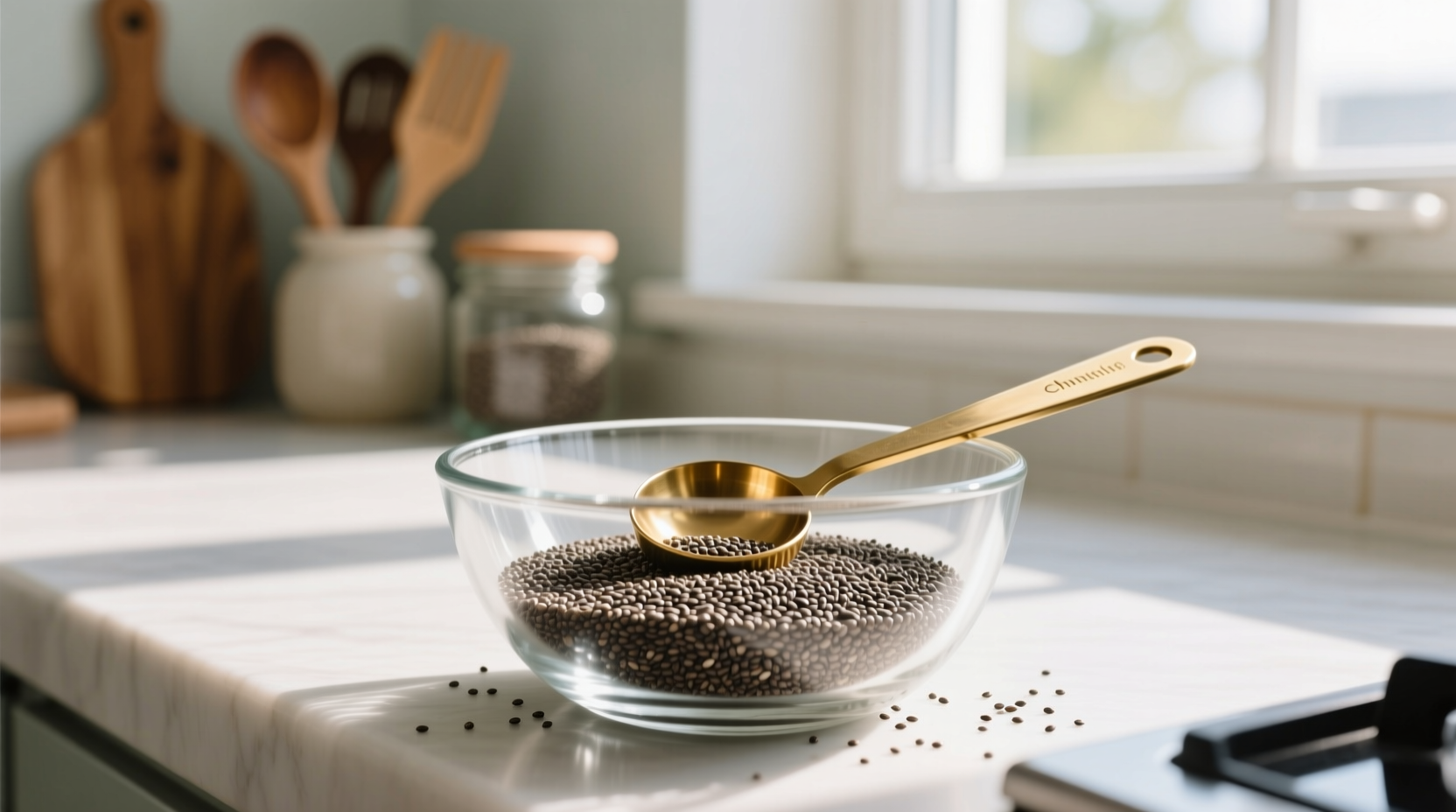 chia seeds in glass bowl with measuring spoon