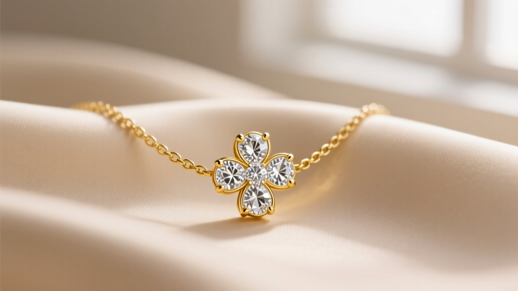 Close-up of a 14k yellow gold diamond clover necklace on beige silk, soft window light highlighting the pave stones.
