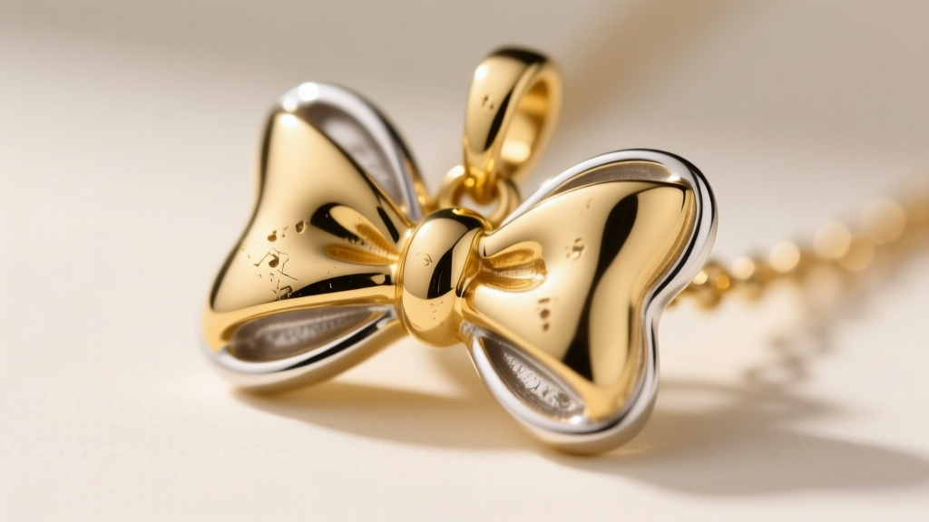Macro shot of a gold vermeil Minnie Mouse bow pendant showing edge wear, revealing the sterling silver base metal underneath.