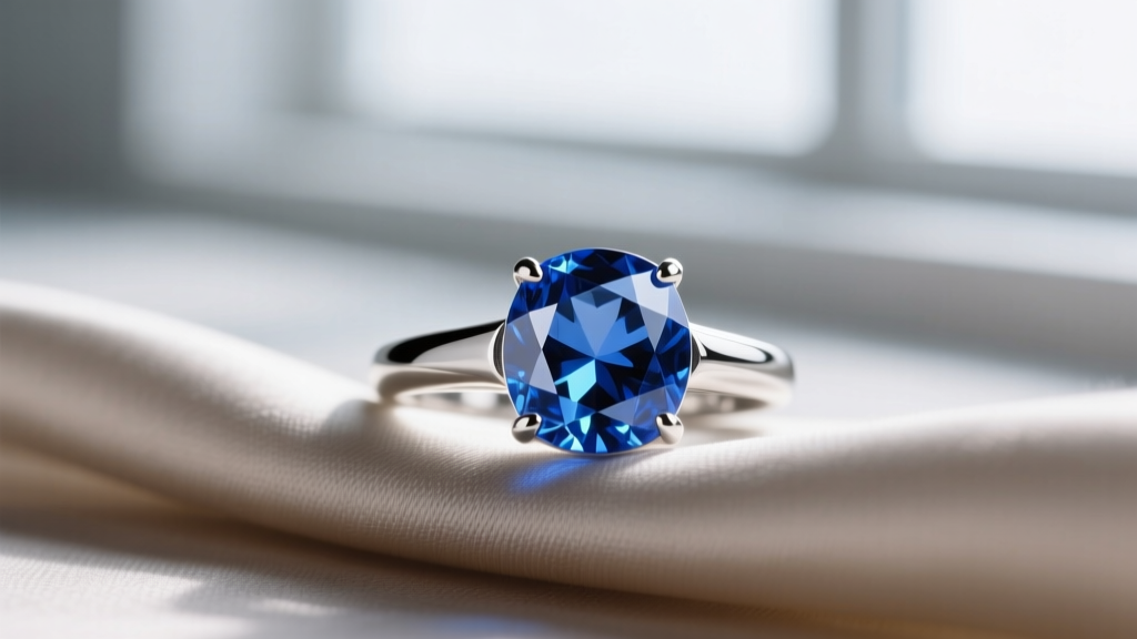 Macro shot of a platinum bezel-set blue sapphire ring on raw silk, showing the deep cornflower blue hue and crisp facet edges