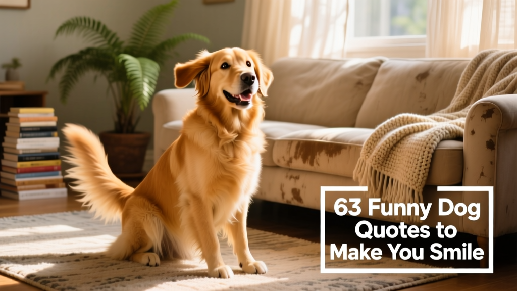 A golden retriever mid-wag, sitting on a sunlit living room rug beside a cozy couch