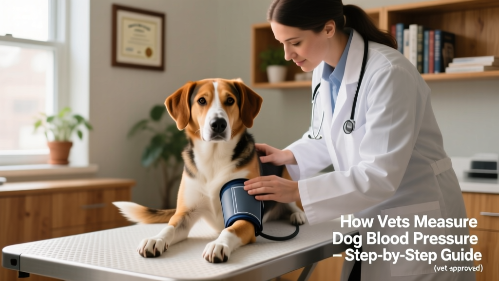 Veterinarian gently placing an inflatable cuff on a calm dog's front leg