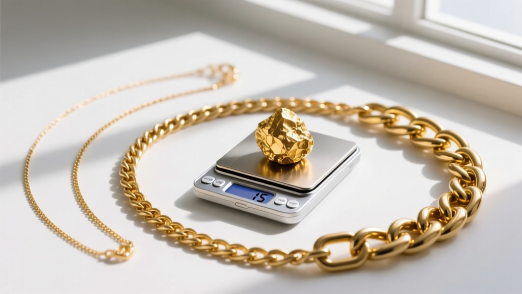 Flat lay of three gold chains of varying thicknesses next to a digital jewelry scale displaying a 15-gram natural gold nugget
