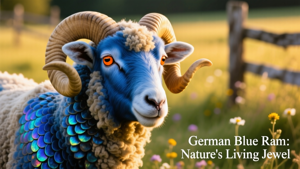 Close-up of a German Blue Ram showing vibrant blue scales, golden body, and deep orange eyes