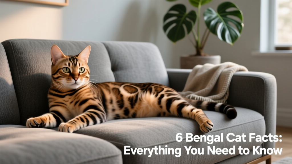 A relaxed Bengal cat lying on its side on a cozy gray sofa, showing off its muscular build and soft, glittering coat