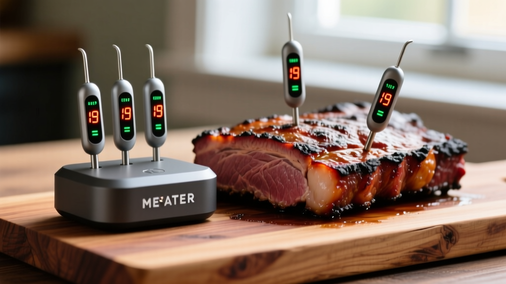 Close-up of a MEATER Block on a cedar plank next to smoked brisket, with four wireless probes in the meat and glowing digital readouts.