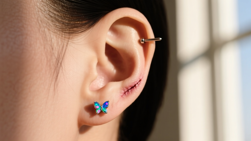 Side profile of a healed earlobe wearing an 18 gauge titanium piercing earrings stud with a small bezel set opal gemstone top.