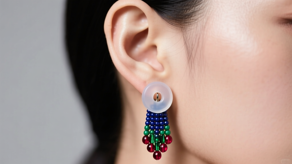 Side view of an ear showing a clear silicone support disc stabilizing a heavy beaded flapper earring on the lower earlobe.