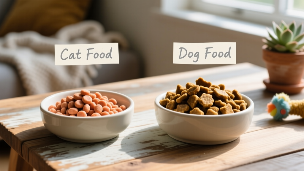 Side-by-side comparison of cat food kibble and dog food kibble in separate bowls